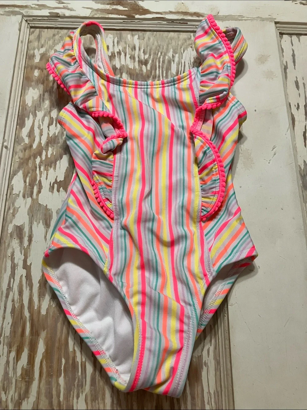 Cat & Jack Neon Pink Ruffle Striped One-Piece Swimsuit